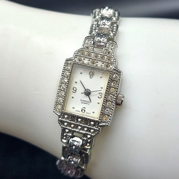Vintage Women’s Diamond Quartz Watch Japan Movt Rectangular Bezel Crystals - Picture 1 of 9